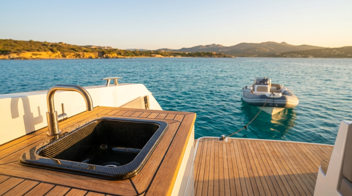 Das Becken in der Deck-Pantry, dahinter Meer und Beiboot