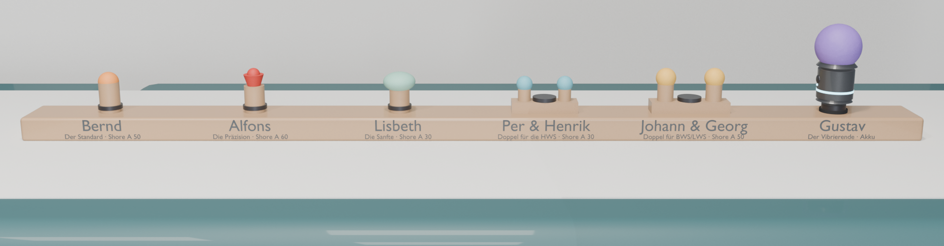 Die Knubbel nebeneinander auf einer Holzleiste mit Namen: Bernd, Alfons, Lisbeth, Per und Henrik, Johann und Georg, Gustav.